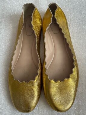 CHLOE Metallic Gold Genuine Leather "Lauren" Ballet Flats Size 38